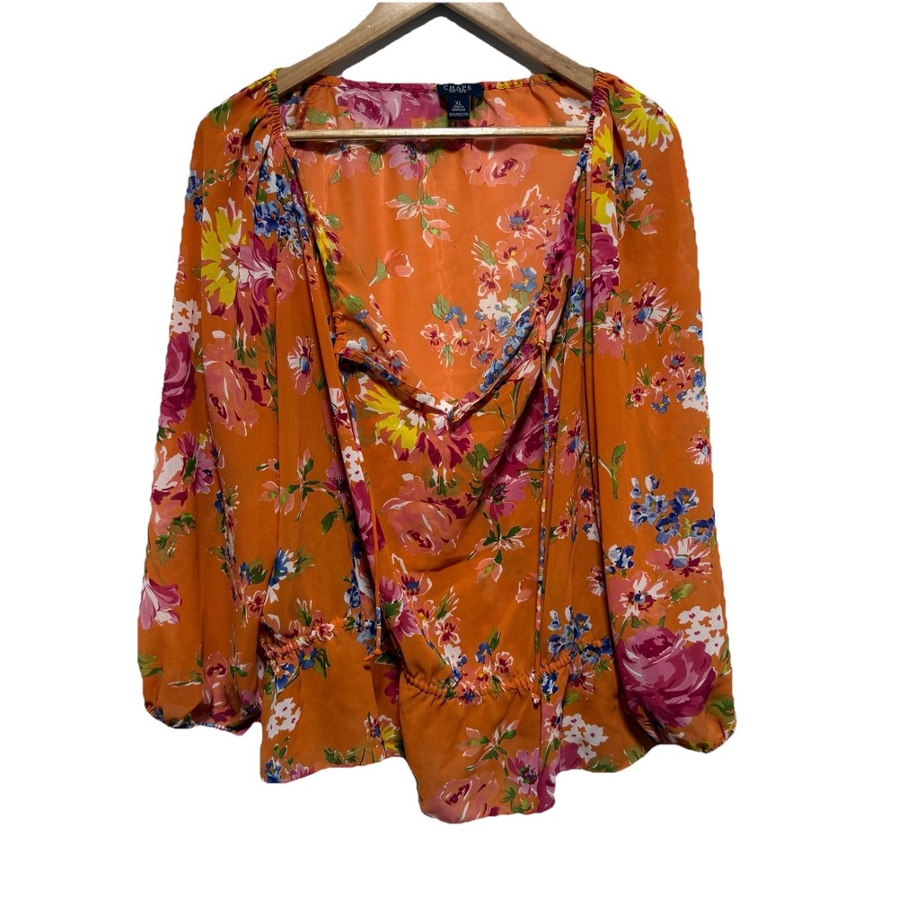 CHAPS Blouse Women XL Orange Floral Bright Colorful Peplum Semi Sheer 3/4 Sleeve